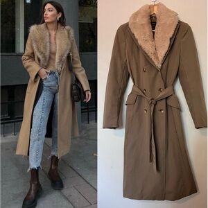Womens Long Faux-Fur Collar Trench Coat in Camel